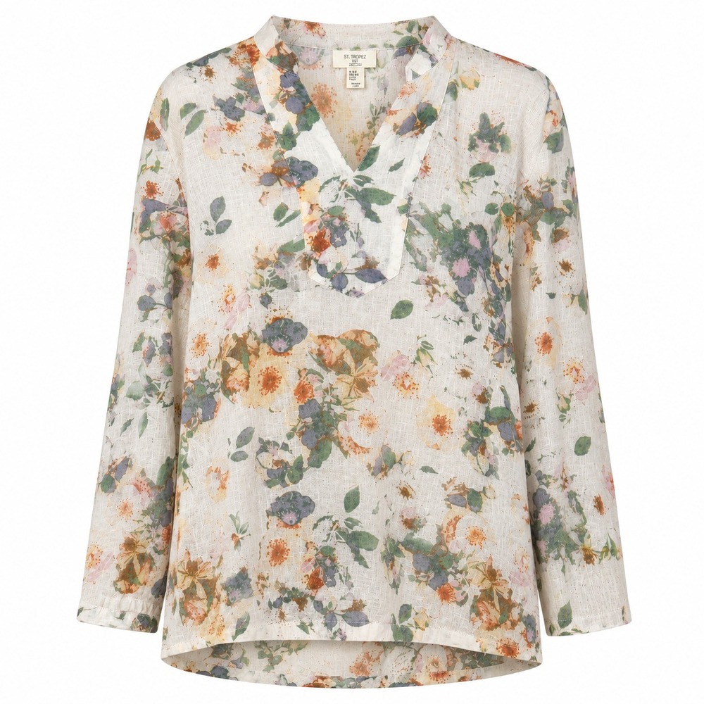 St Tropez Cottagecore 100% Linen Floral Top Womens Size Medium Whimsical Coastal